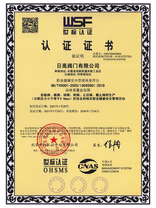 ISO45001認(rèn)證證書(shū)